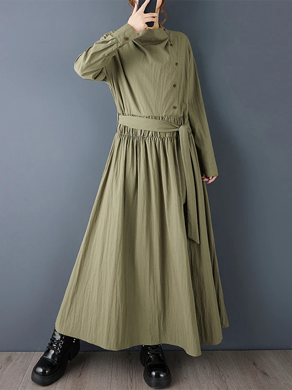 Ele تصميم فضفاض ربيع الخريف جديد Sle f ذوي الياقات العالية مطوي لصق منتصف طول التخسيس Dr Cotton irt Dr