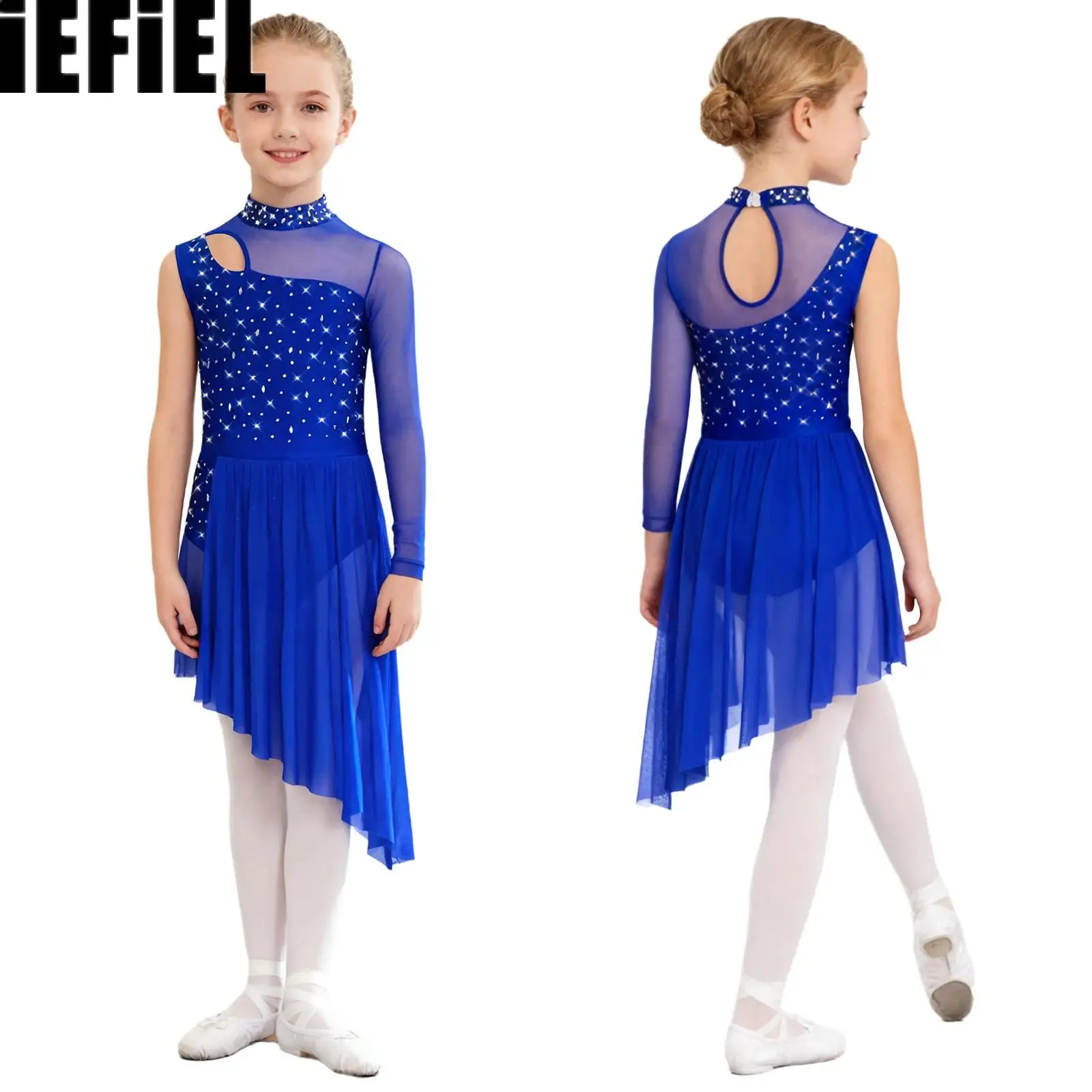 Robe de danse lyrique asymétrique pour enfants filles, col montant, découpe, maille transparente, Patchwork, strass brillants, fente latérale, vêtements de danse