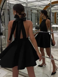 Vintage Satin Backless Halter Black Short Dress Women's Lace-up Pocket Sleeveless Mini Dresses Female Party Evening Summer Club