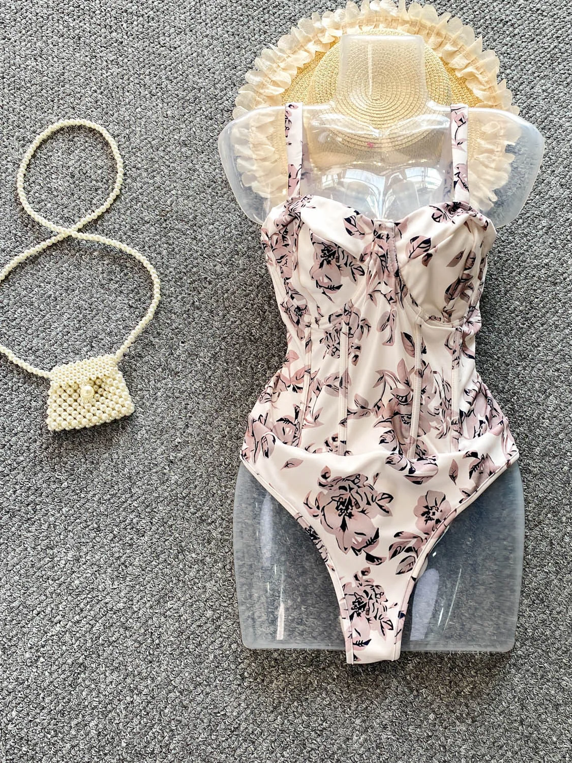 

Fashionable Printed Strapless One-Piece Swimsuit Women's Summer Slimming Low Slit Fishbone Waistband Trendy Jumpsuit