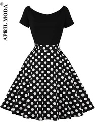 2023 Patchwork rozkloszowana w stylu Vintage damska Party Dress Polka Dot czarny Flare szata Sundress bawełna 50s 60s linia letnie sukienki Pin Up