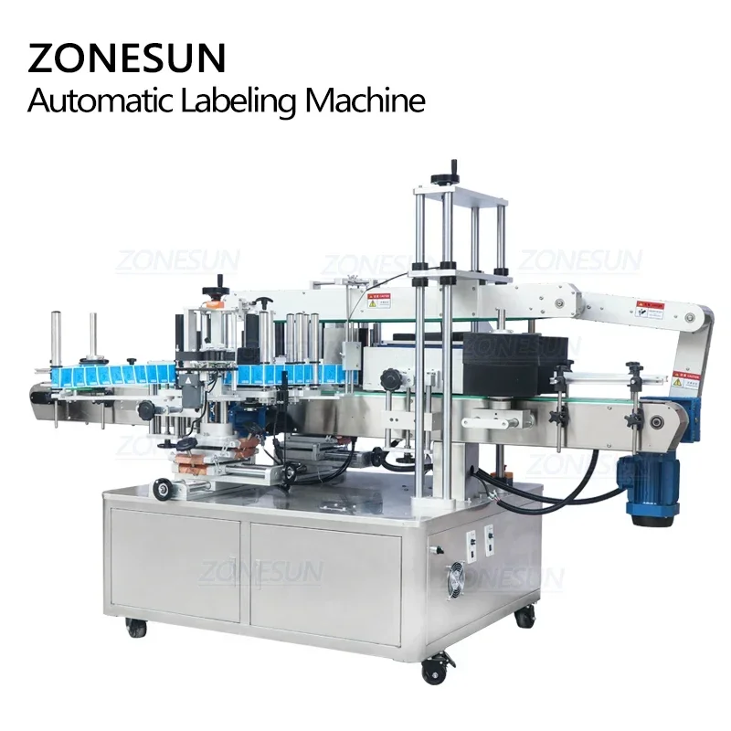 ZONESUN العمودي نوع ZS-TB300A التلقائي مربع ومستدير زجاجة ويسكي مزدوجة الجانبين آلة وضع العلامات تسمية ملصق للإنتاج
