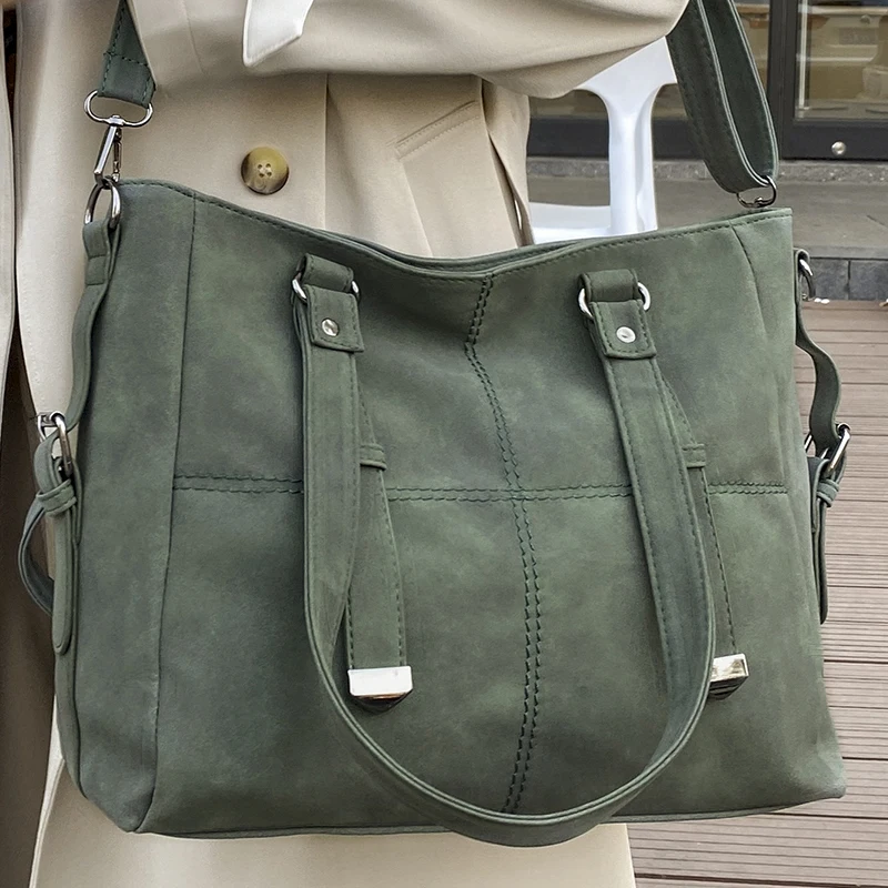 Women's Retro Green Suede Shoulder Bag Vintage Quality Nubuck Leather Ladies Elegant Tote Handbag Female Commuter Crossbody Bags