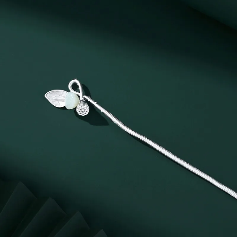 S925 Sterling Silver Sandblasted Lotus Seedpod & Leaf Hairpin New Chinese Style Hair Accessory Hanfu Cheongsam Decor