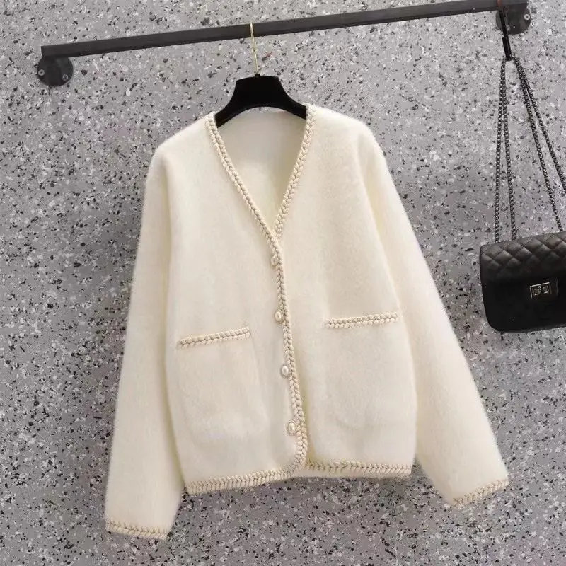 2024 New Fashionable Small Fragrant White Sweater Spring and Autumn Cardigan Imitation Mink Fleece Knitted Coat for Women