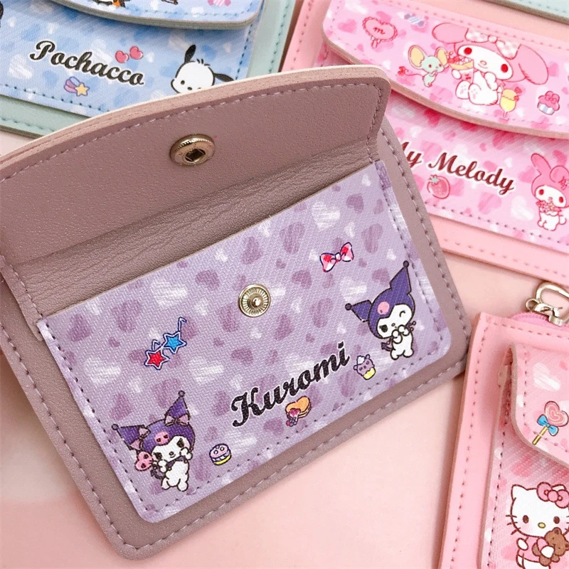 Sanrio-Hello Kitty PU Bolsa de couro para meninas, mini bolsa titular do cartão, ID Cards Bag, carteira pequena, chaveiro, desenhos animados bonitos, Kuromi