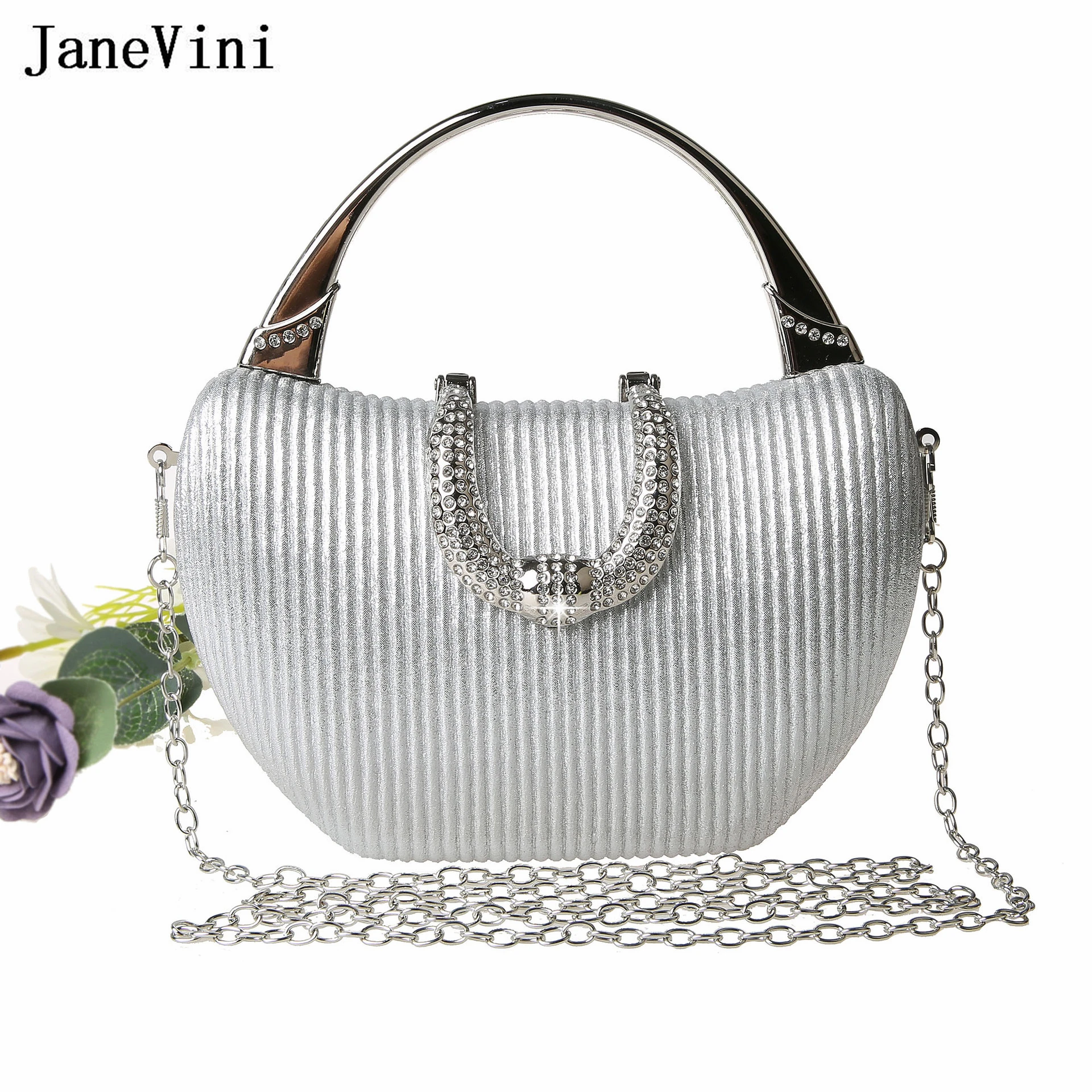 JaneVini Chic Silver Women Handbag Hand-held Dinner Bag Clutch Evening Party Wedding Crystal Ladies Cell Phone Pocket Purse New