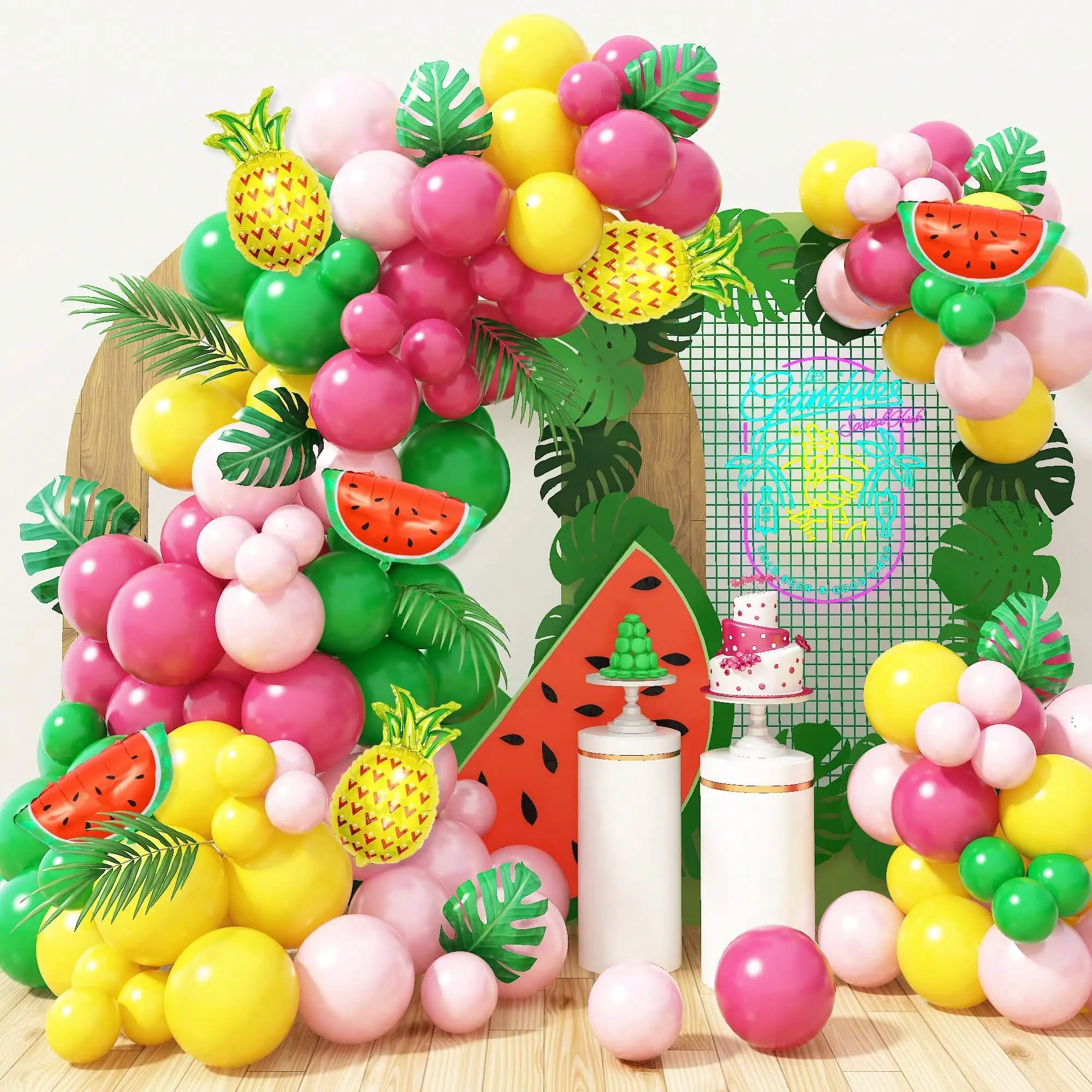 열대 하와이 풍선 세트, 플라밍고 과일 수박 레몬 테마 장식 풍선 화환, 여름 수영장 파티 장식