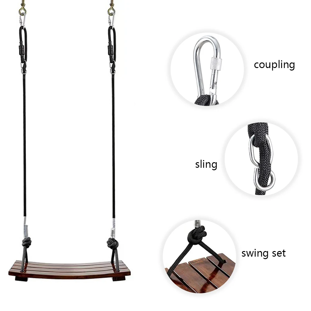 Solid Wood Swing One Seat Simple Swing 440Lbs Wooden Swing Seat Outdoor Rope Swing Adjustable Rope Length Curved Swing for Kids