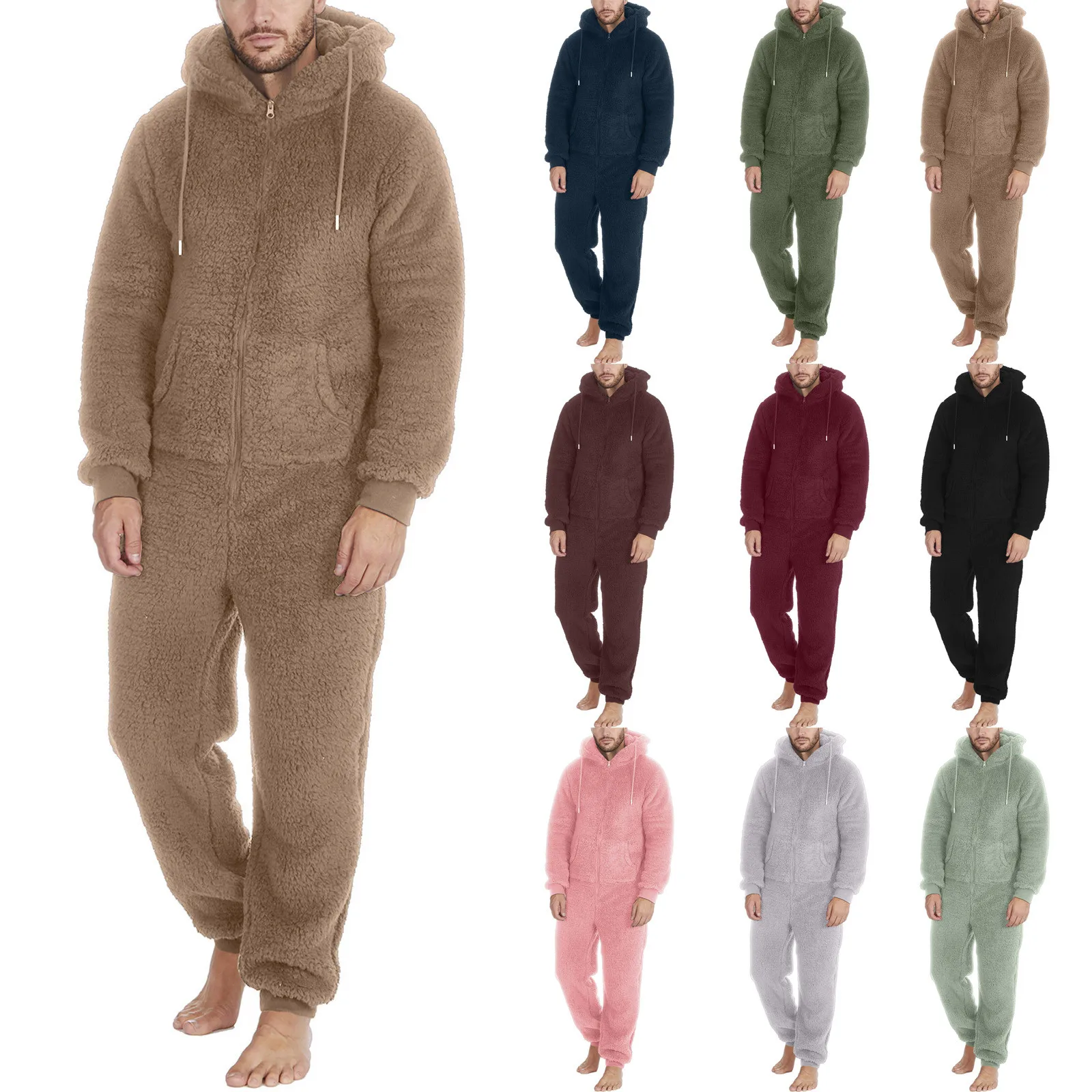 Winter Warm Teddy Fleece Pajamas for Men Plush Zipper Onesie Fluffy Hooded Sleepwear One Piece Sleepwear Lounge Pajama Jumpsuits