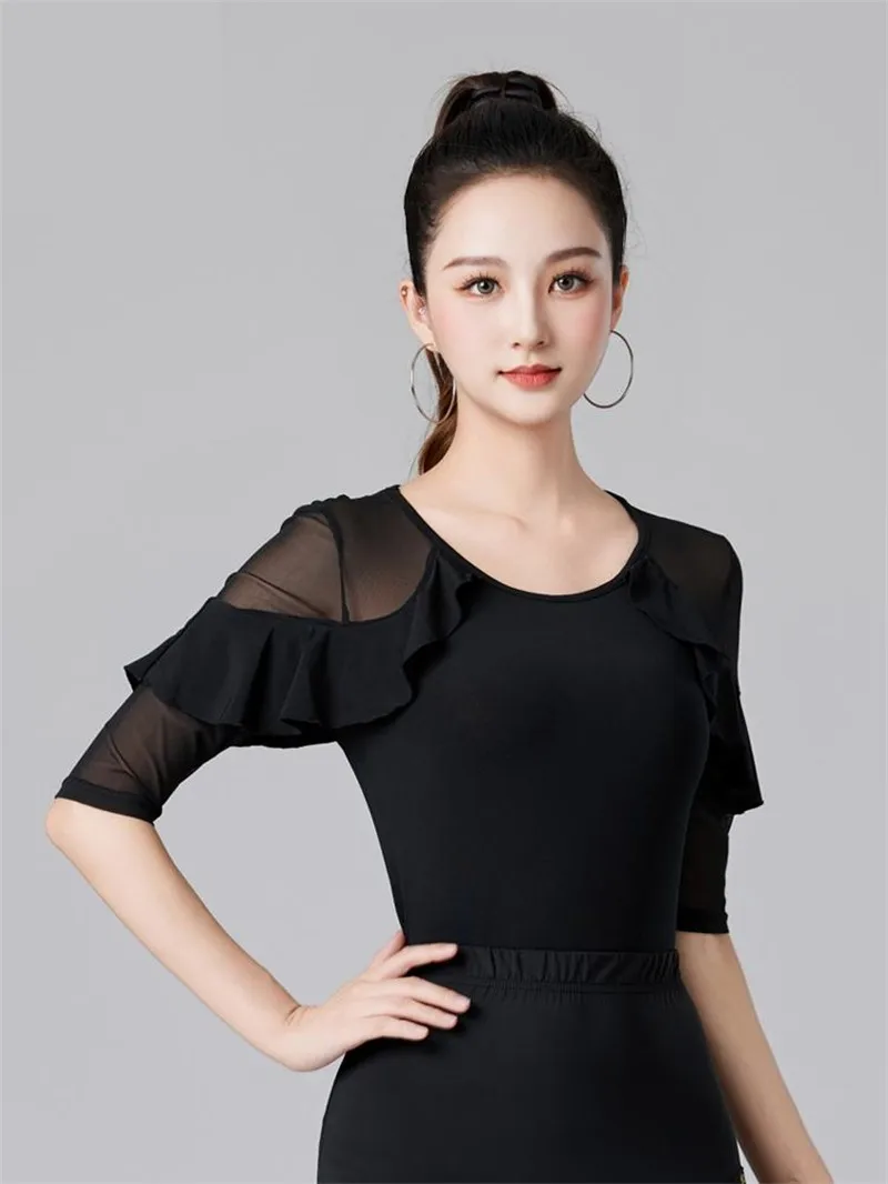 Summer Mesh Patchwork Ballroom Standard Dance Skirts Latin Girls Rhinestones Korean Style Clothing Women Classical Ruffle Tops