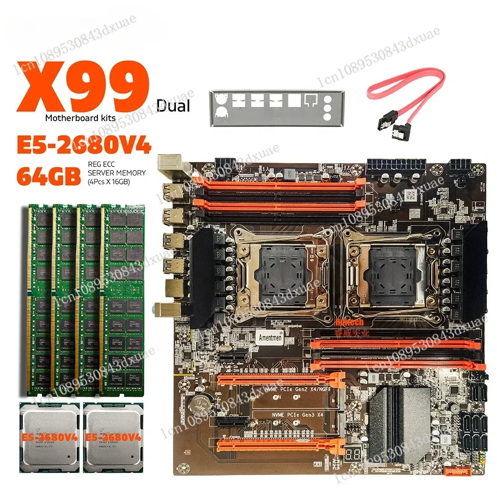 Amentmen Dual X99 Motherboard With LGA 2011-3 XEON E5 2680 V4 *2 CPU With 4pcsX16GB = 64GB DDR4 2133MHz Server Memory Combo Kit