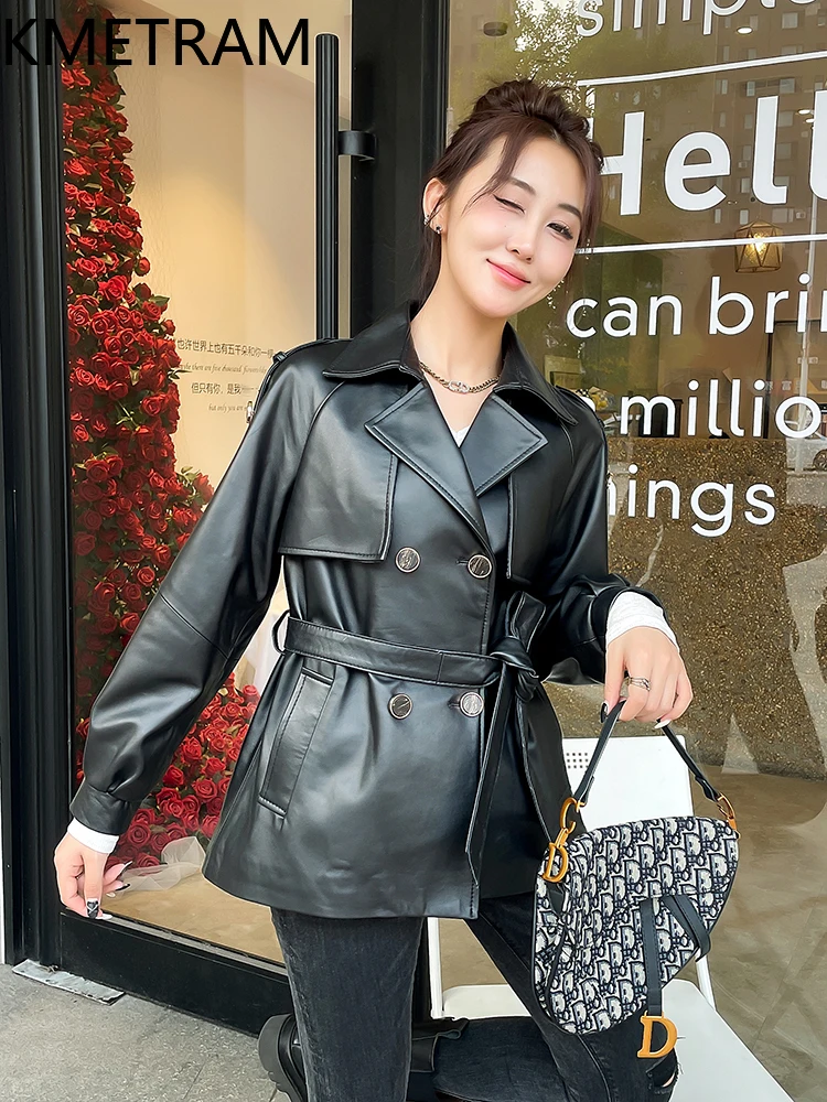 100% Top Layer of Sheepskin Jacket Woman Black Genuine Leather Jackets with Lace Up New in Outerwears Fall Clothes 2025 кожанка