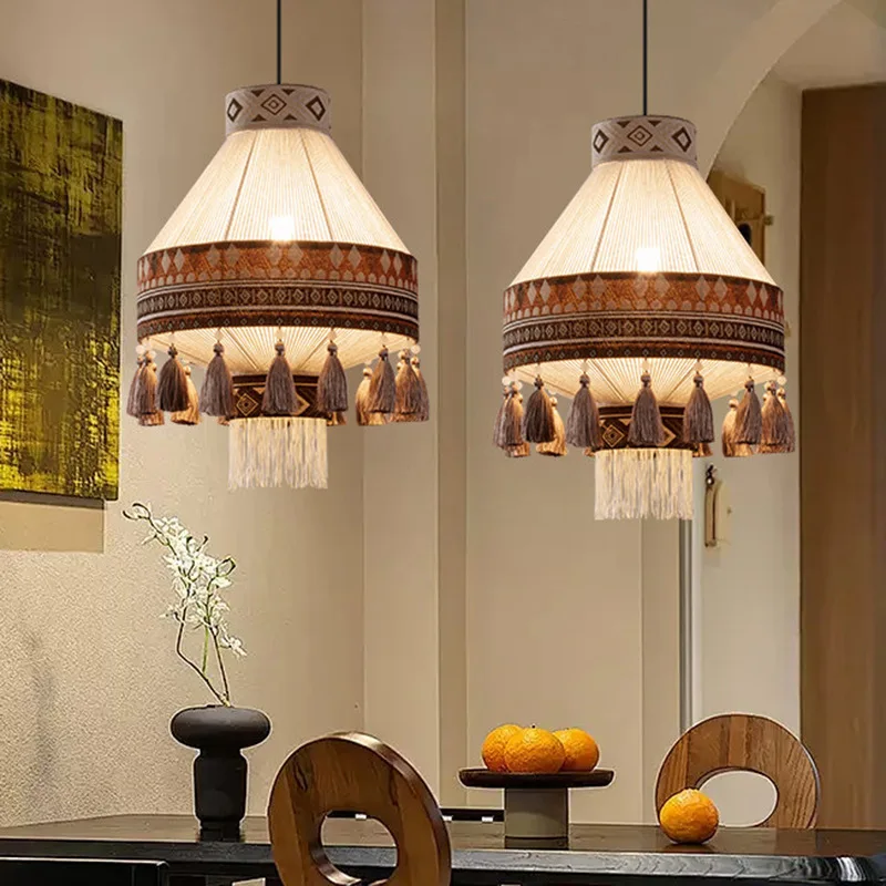 Bohemian fabric hemp rope chandelier living room bed and breakfast restaurant lamp retro ethnic style interior decoration lamp