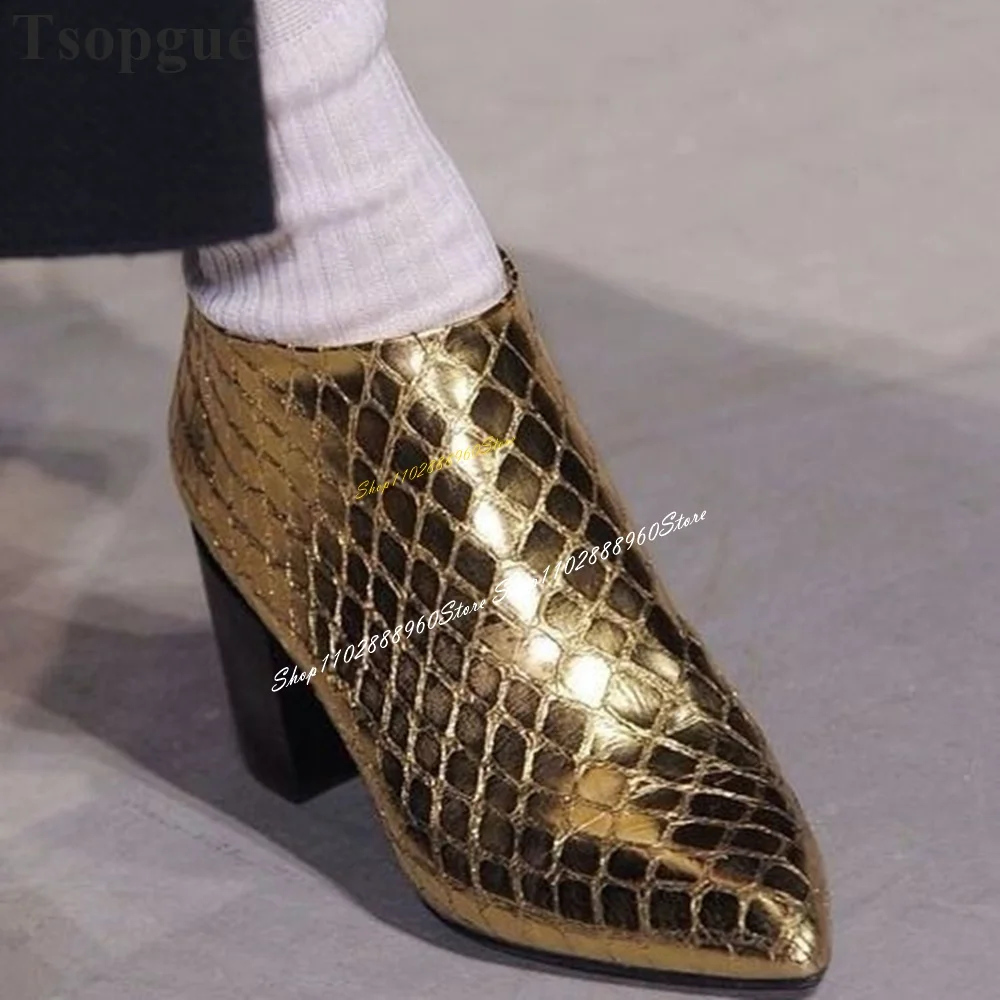 Zapatos de tacón grueso con cremallera trasera para hombre, calzado informal de lujo con piel de serpiente dorada, para fiesta y pasarela, a la moda, 2024