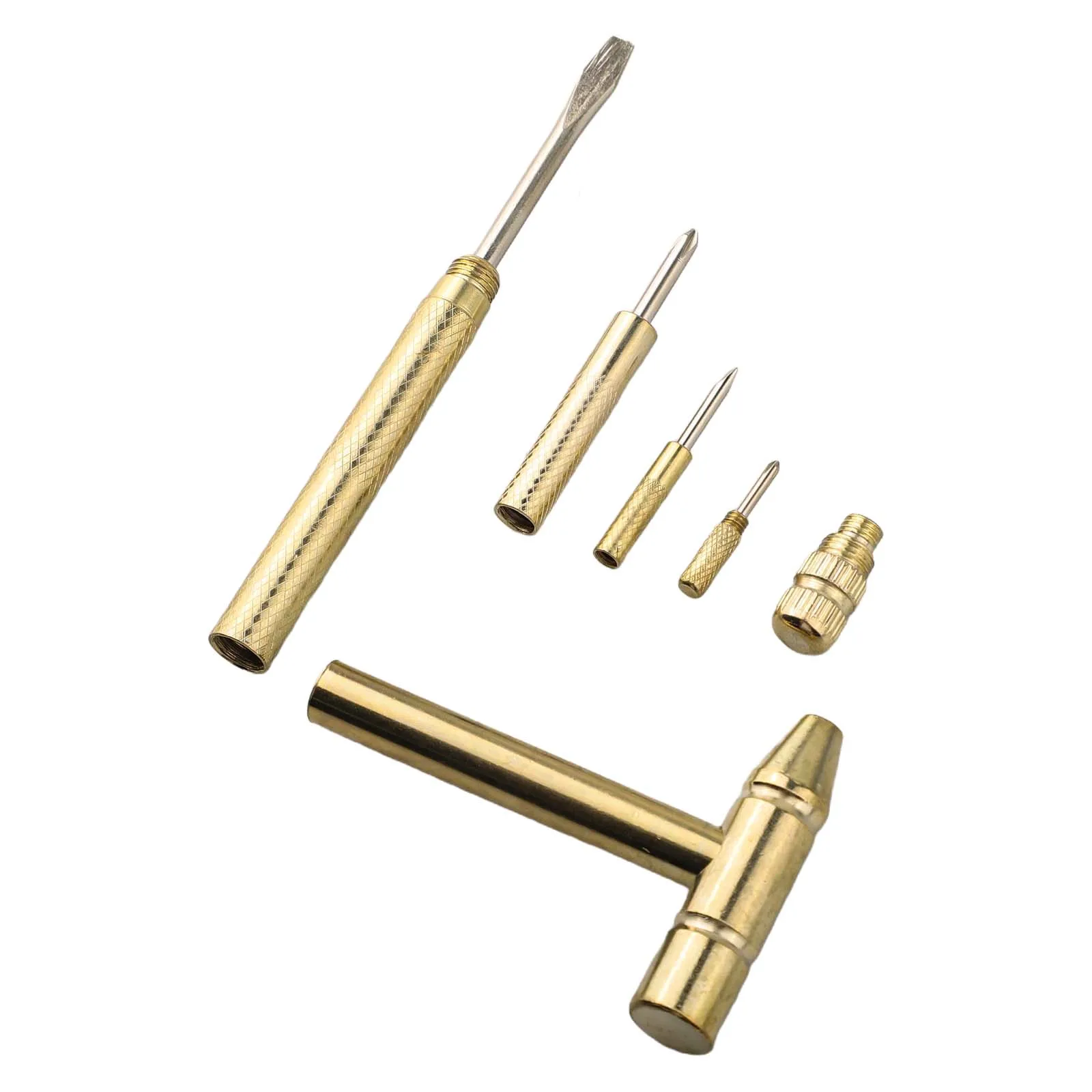 Mini marteau en laiton multifonction, embouts de tournevis croisés à fente, outils à main, or, artisanat, 6 en 1, 1 jeu