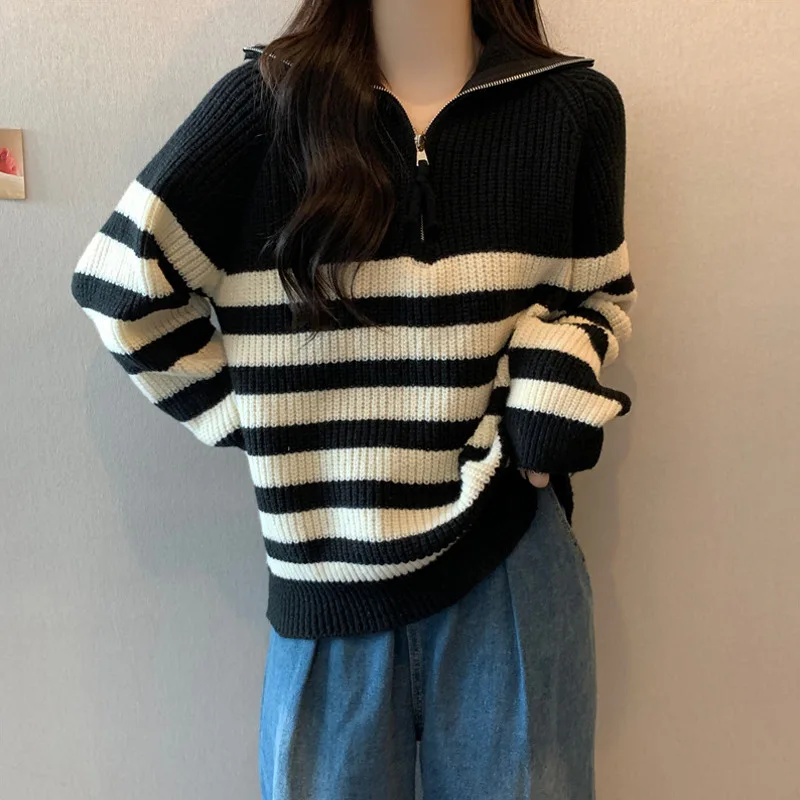 Half-high Collar Zip-up Stripe Pullover Sweater Women Autumn  New Design Sense Over Fit Knit Long Sleeve Top