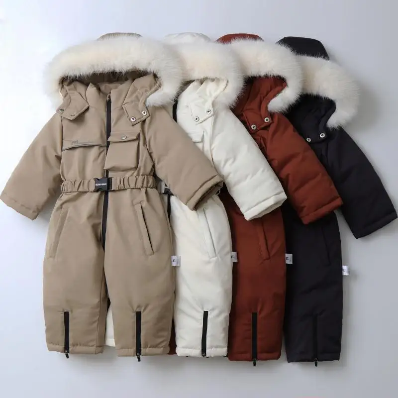 Boys and Girls Winter New Solid Color Hooded Fur Collar Windproof and Warm Long Sleeved Pants for Skiing and Climbing