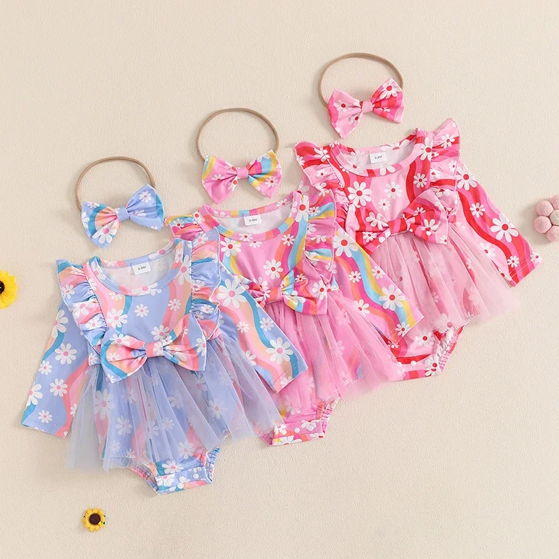 0-18M Spring Autumn Newborn Baby Girls Rompers Clothes Floral Print Ruffles Long Sleeve Bowknot Tulle Jumpsuits Headband Outfits