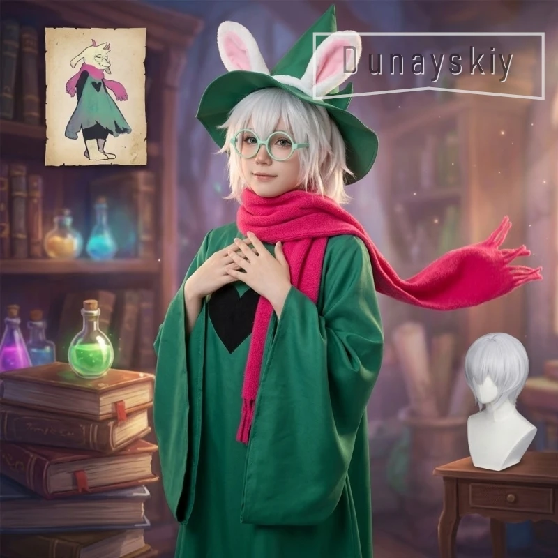 Ralsei Perücken Flauschige Ohren Stirnband Zauberer Cosplay Outfit Deltarune Halloween Ralsei Cosplay Kostüm Kopfbedeckung Grüne Robe Rosa Schal