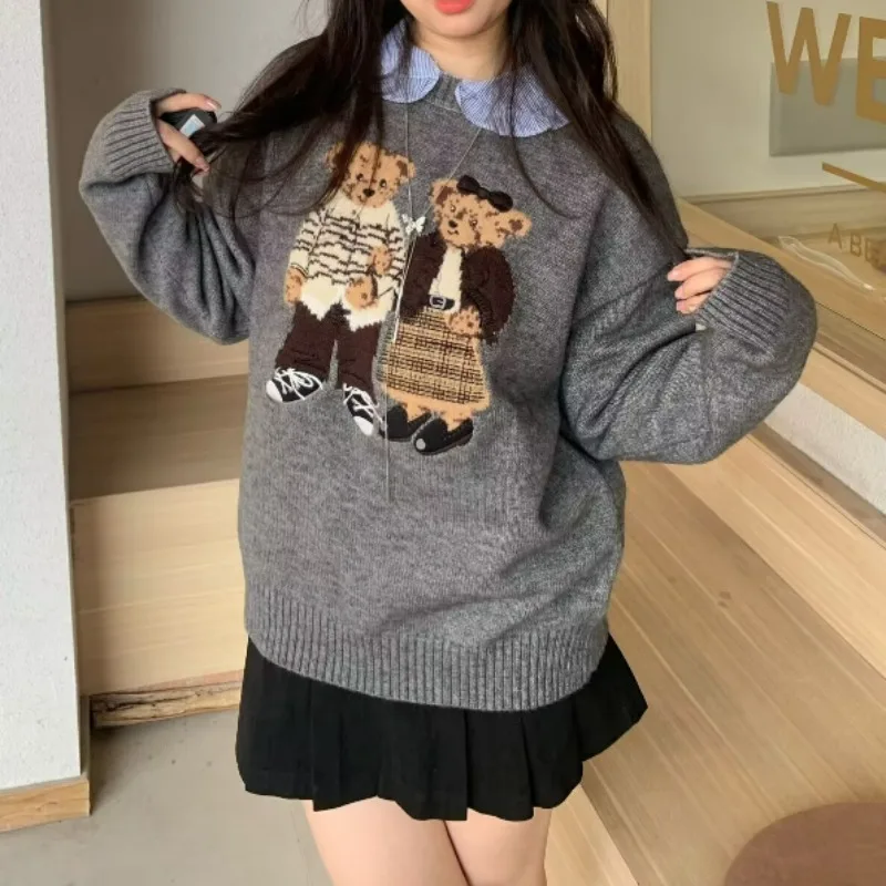 

Свитер в стиле ретро, жаккардовый вязаный свитер с медведем, женский осенне-зимний свободный тонкий повседневный топ с круглым вырезом в ленивом стиле