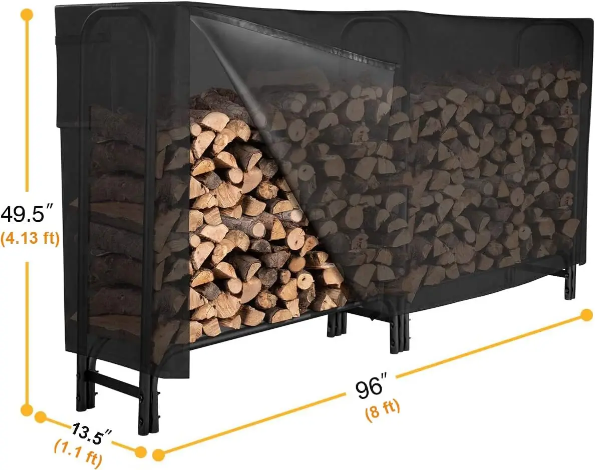 8FT Firewood Rack Outdoor with Cover, Adds Sturdy Middle Upright, Heavy Duty Steel Log Rack Wood Holder, Easy to Assemble