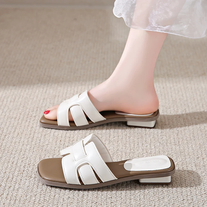 

CRLAYDK Womens Flat Sandals Dressy Comfortable Slide Fashion Weaving Leather Square Low Heel Beach Travel Slippers for Summer