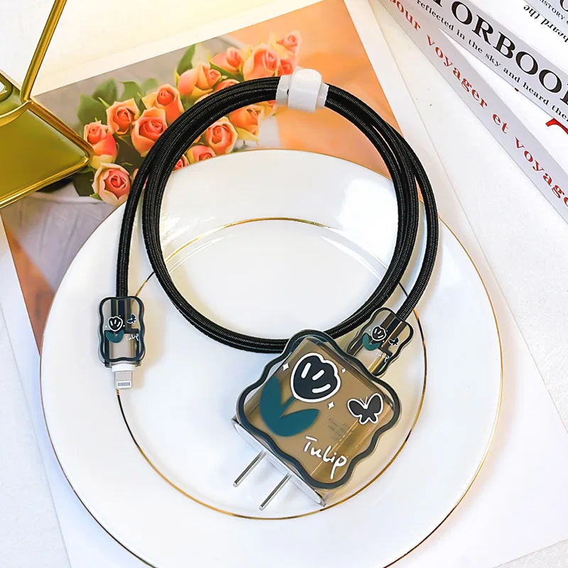 Cute Cartoon Wave Cable Protector For iPhone 12/13/14 18W/20W US Adapter Fast Charger Case Lightning Cable Protective Cover