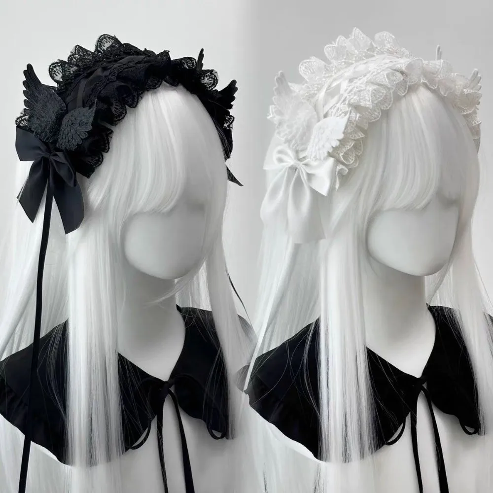 New Lace Lolita Wing Angel Headband Ribbon Bowknot Gothic Cosplay Headdress Sweet Head Wrap Hair Accessories
