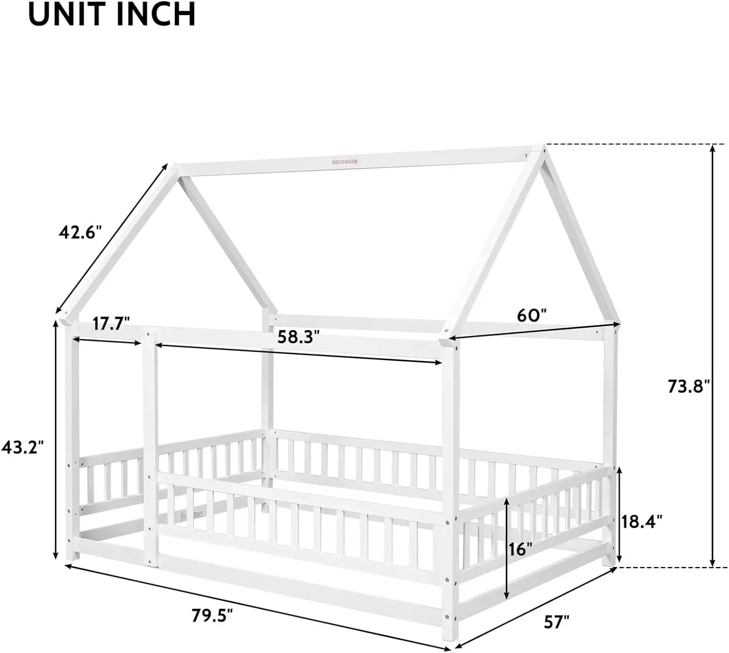 Children Beds Full Size Floor Bed Frame with Roof Wooden Montessori Bed with Fence House Bed for Boys Girls Bedroom White