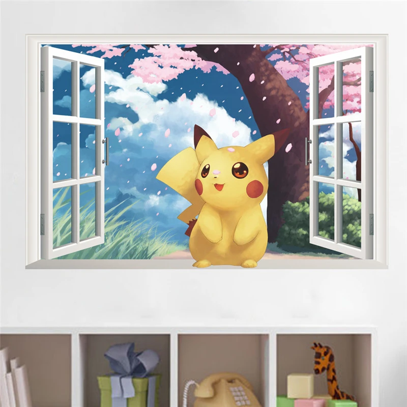 3D Cartoon Pikachu Wall Sticker For Kids Room Living Room Bedroom Wall Decoration Kids Gifts Door Sticker Movie Poster
