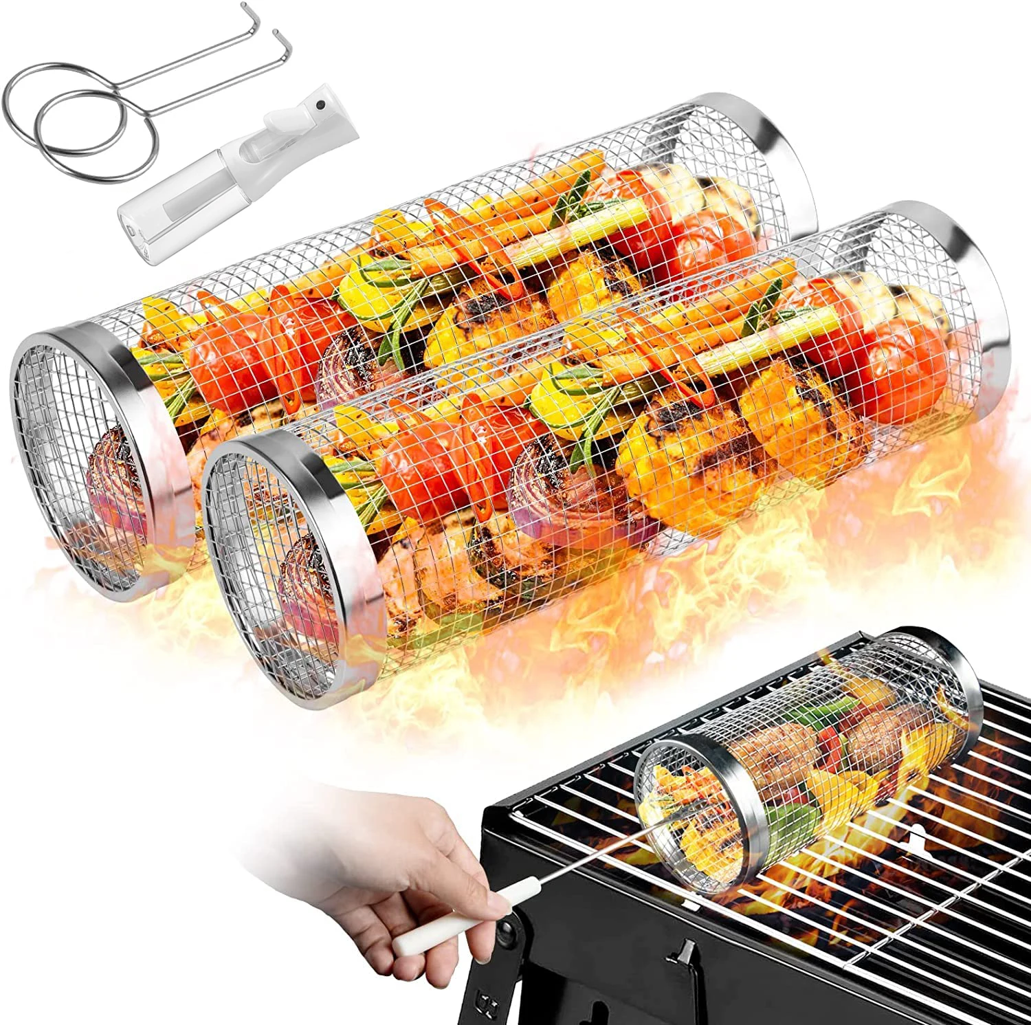 2-teiliges rollendes Grillkörbe-Set zum Grillen im Freien, Edelstahl-Grill, Grillnetz, Rohrzubehör-Set für Camping und Kochen