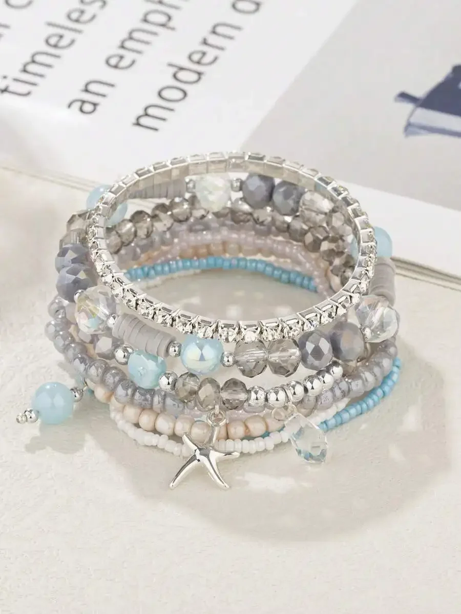 

8pcs Ocean Inspired Beaded Crystal Starfish Charm Wrap Bracelet Set For Women