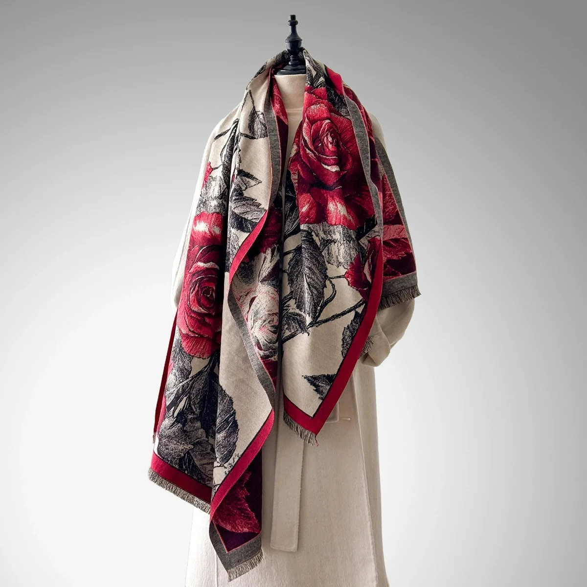 

Women's Elegant Double-Sided Floral Jacquard Pashmina Shawl - Winter Thick Warm Tassel Coldproof Windproof Blanket Scarf