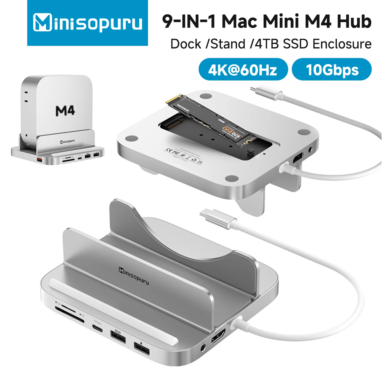 

Док-станция Minisopuru Mac Mini M4 с корпусом M.2 SSD, 4K HDMI, 10 Гбит/с USB C/A, TF/SD 9 в 1 Mac Mini USB-концентратор для Mac Mini M4 PRO