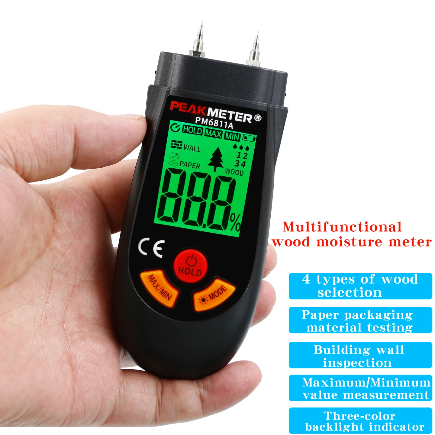 PM6811A Wood Moisture Meter, Cardboard and Floor Moisture Content Measurement Device, Humidity Tester.