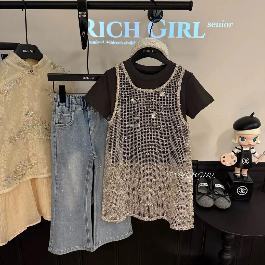 Girls Summer Set 2026 New Kids Stylish Hollow Out Skirt Short Sleeve Trendy Meteor Rhinestone Jeans Three Piece Set