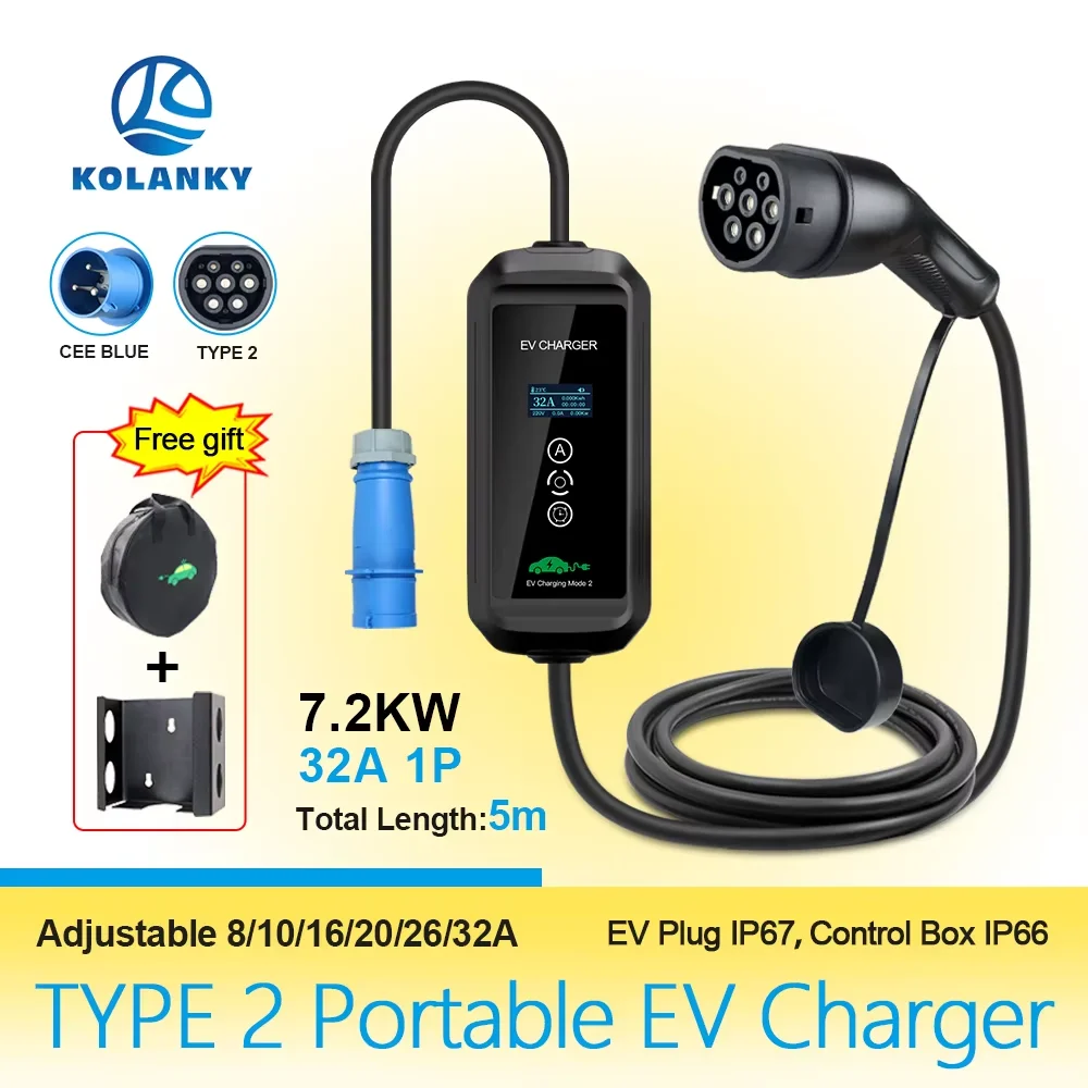 Kolanky Mobile  EV Charger 8/10/13/16/26/32A 7.2KW Type 2 EU Plug Charging For Hybrid Eletric Vehicle Cars Total 5M ID 4