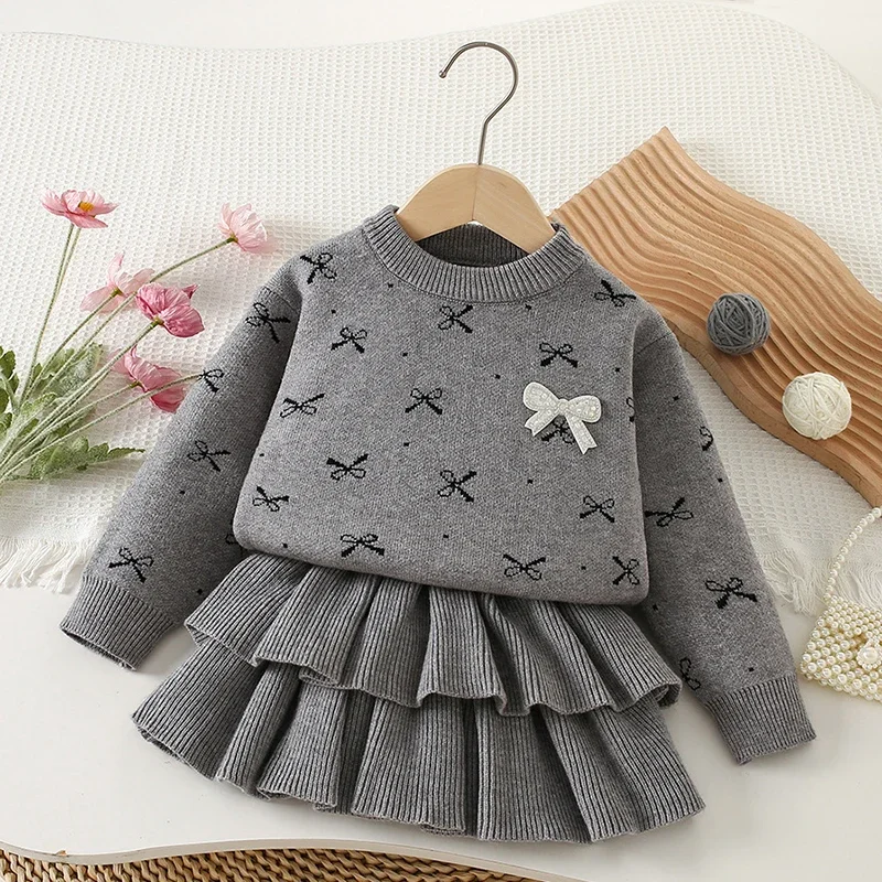 

2025 New Autumn Winter 2-6Yrs Baby Girls Clothing Set Kids Knitted Clothing Suit Long Sleeved Knitted Pullover+Short Skirt