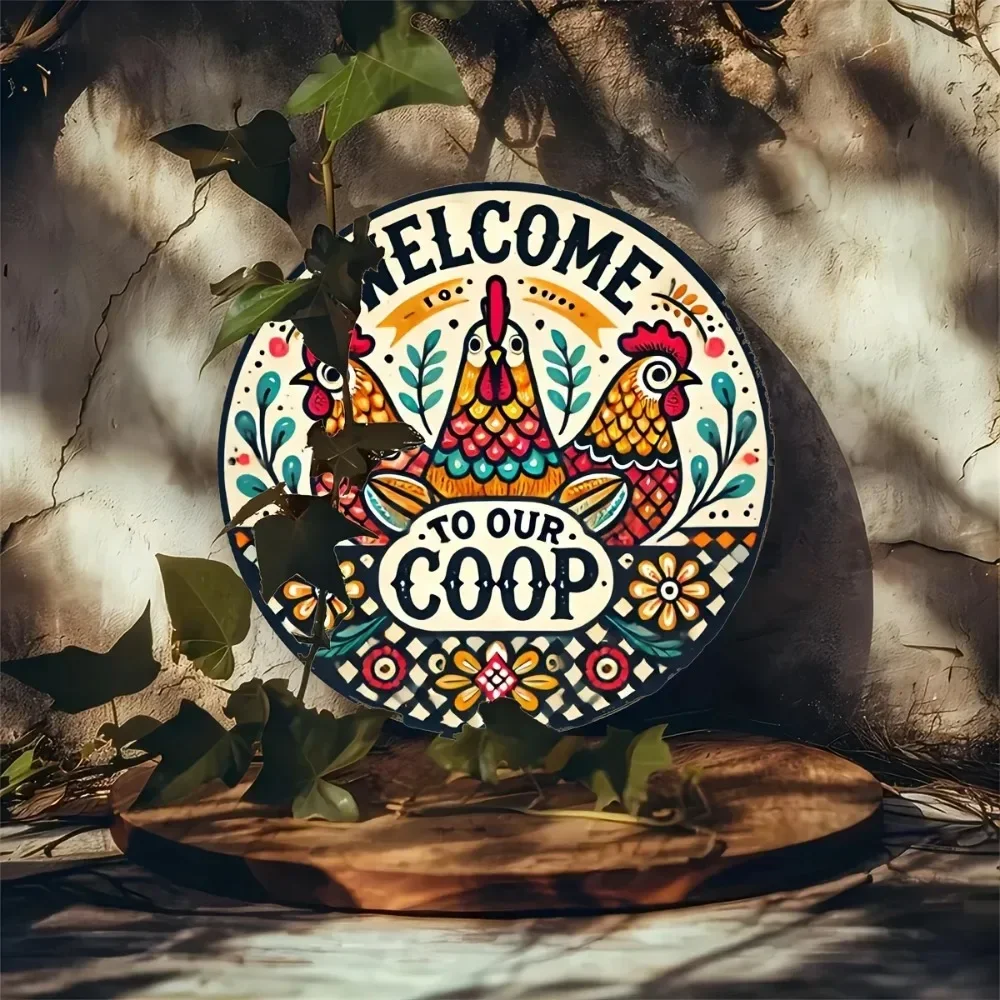 YOURBRAND Waterproof Vintage Chicken Coop Sign - 8" Round Colorful Rooster "Welcome to Our Coop" Iron Wall Decor view 5