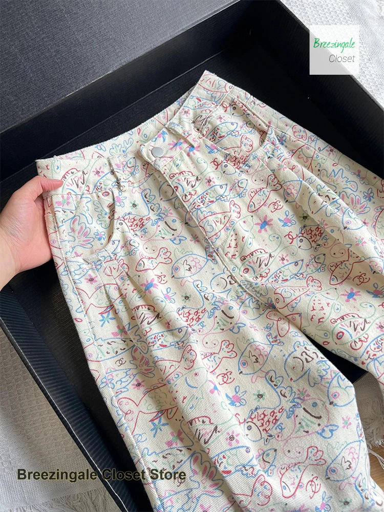 American ins graffiti full printed flower jeans women's spring and summer new fashion design high waist loose wide-leg pants