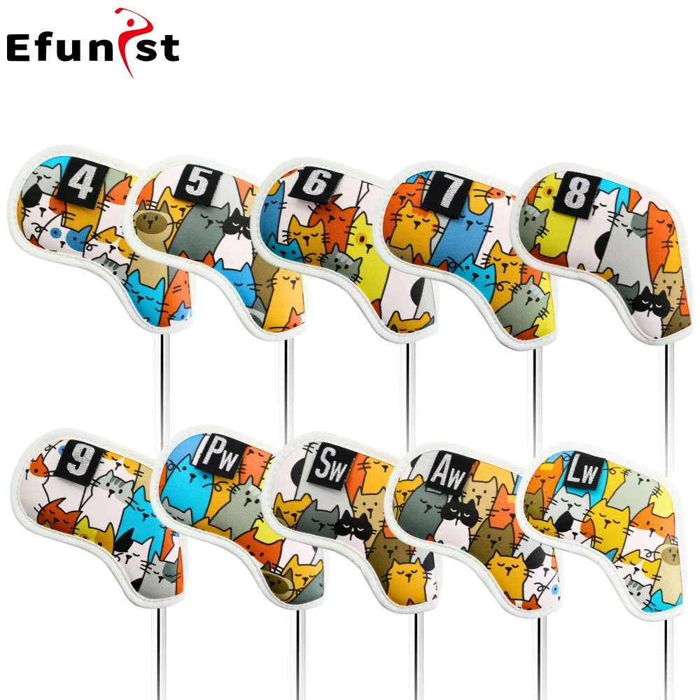 10 Pcs/Set PU Leather Waterproof Golf Headcover Golf Iron Covers Graffiti Cat Pattern For Iron Sand Wedge Clubs Golf Supplies