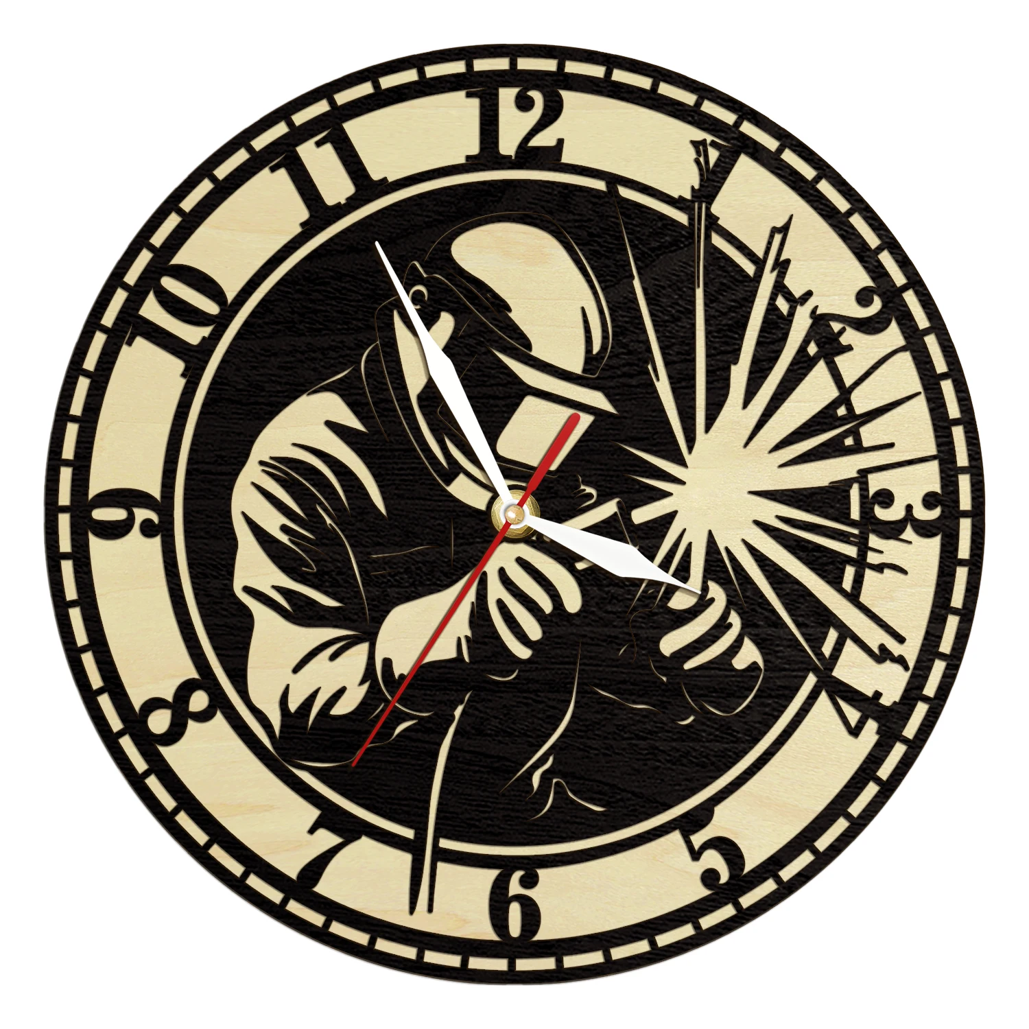 Welding Ironworker Wooden Wall Clock Silent Non Ticking Battery Operated Wood Hinge Clock for Welders Man Cave Workshop Office