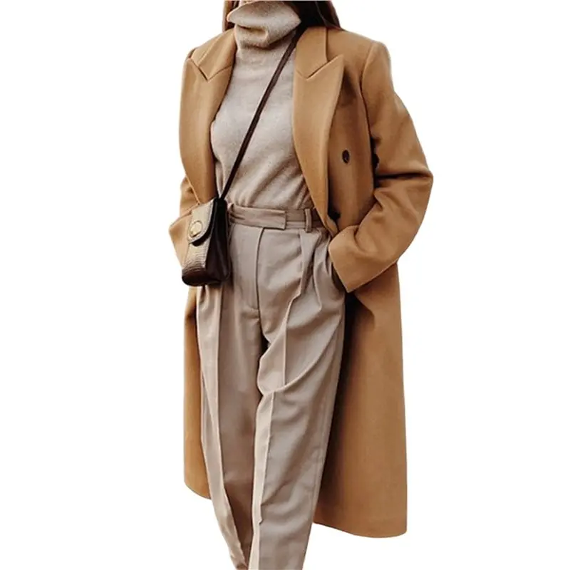 

A24F-Womens Long Wool Coats Fall Winter Double Breasted Trench Coat Peacoat