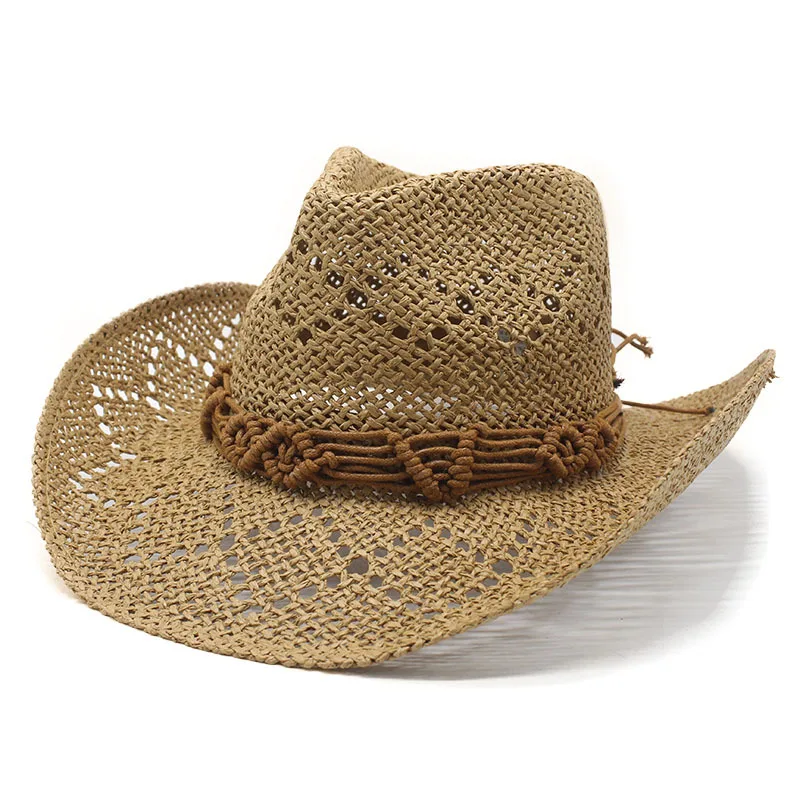 2025 Summer Hollow Straw Hat Ethnic Style Decoration European and American Fashion Beach Hat Curved Brim Cowboy Straw Hat