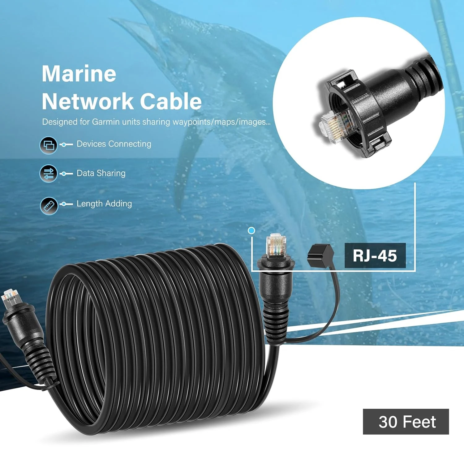 30 Foot Marine Network Cable for Garmin GPSMAP, Fish Finder, Radar, GMR, GMS 10 - RJ45 Male to Male Ethernet Cable for Garmin