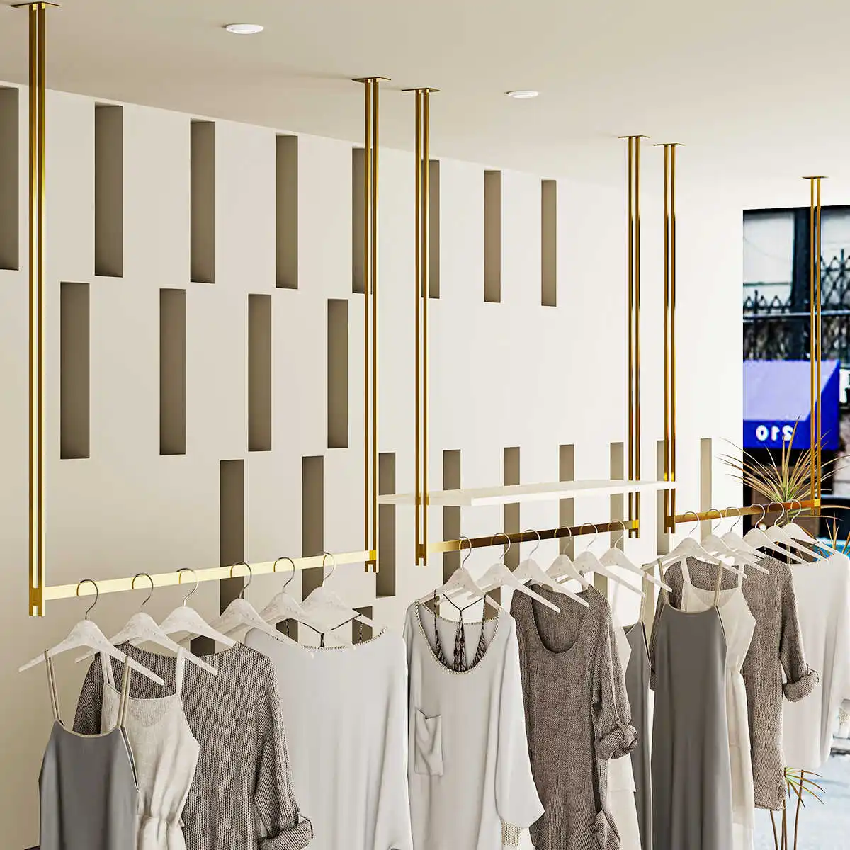 

Потолочная витрина для одежды из нержавеющей стали 2025 года, матовое золото/серебро, для свадебных и женских магазинов одежды, США/Канада