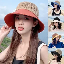 Summer Women Bucket Hat UV Protection Sun Hats Soft Foldable Wide Brim Outdoor Beach Hat Panama Cap Ponytail Cap