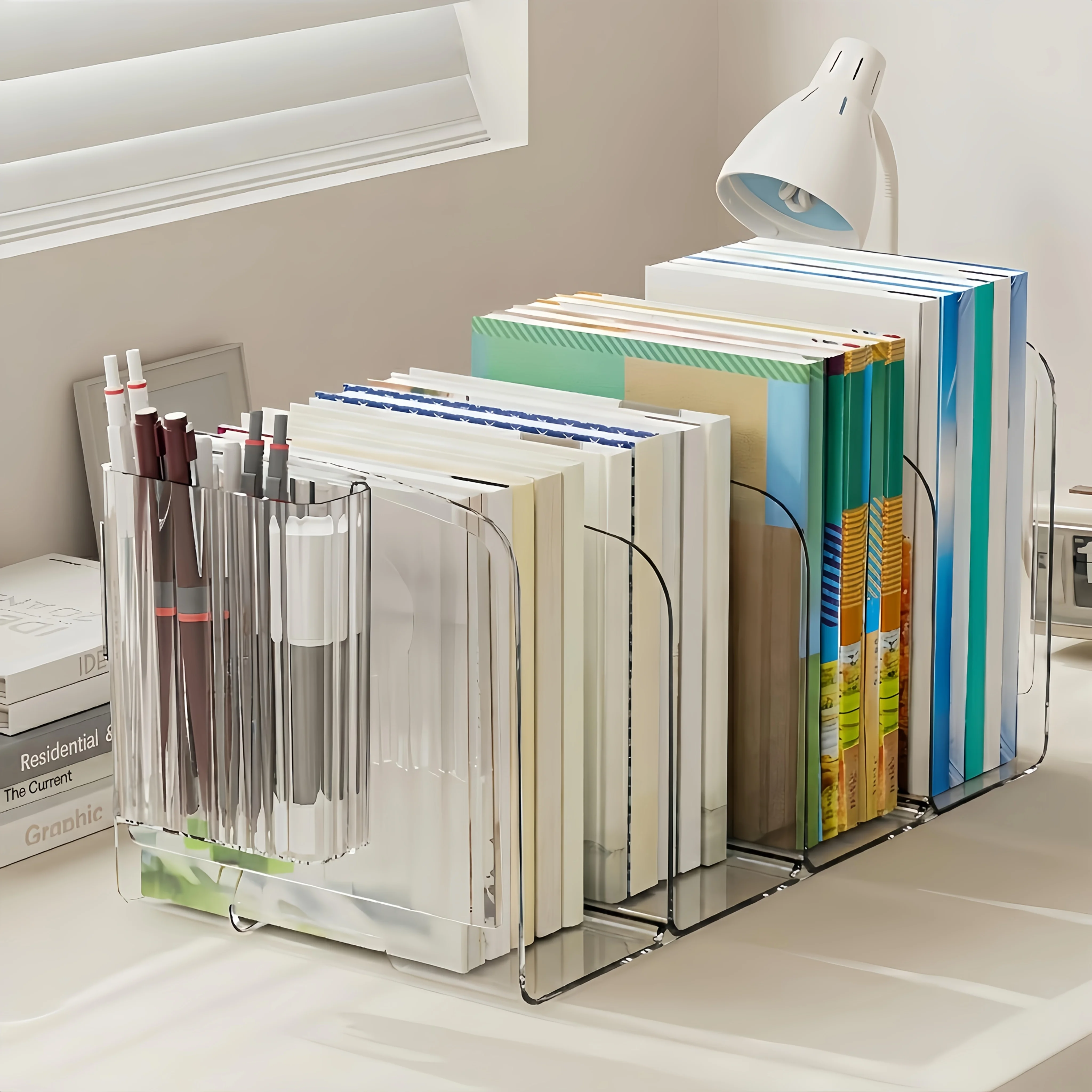 1pc Large Acrylic Transparent 4 Column Book Stand with Handle & Pen Holder, Desktop Book Storage Organizer Box for Students