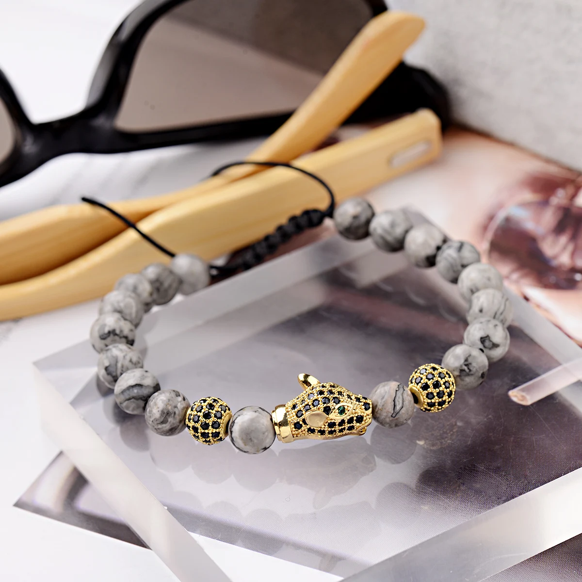 Luxury Grey Stone Beads Men's Bracelet CZ Crystal Leopard Head Ball Charms Women Bracelets Jewelry Valentine's Day Gift